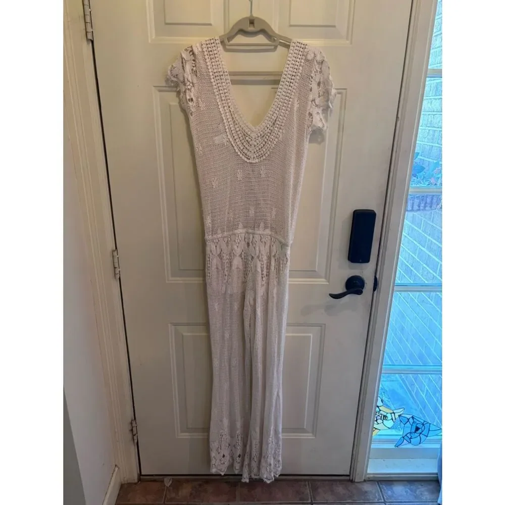 Jen's Pirate Booty Boho Chic White Crochet Wrap Jumpsuit perfect for a festival - Picture 5 of 5